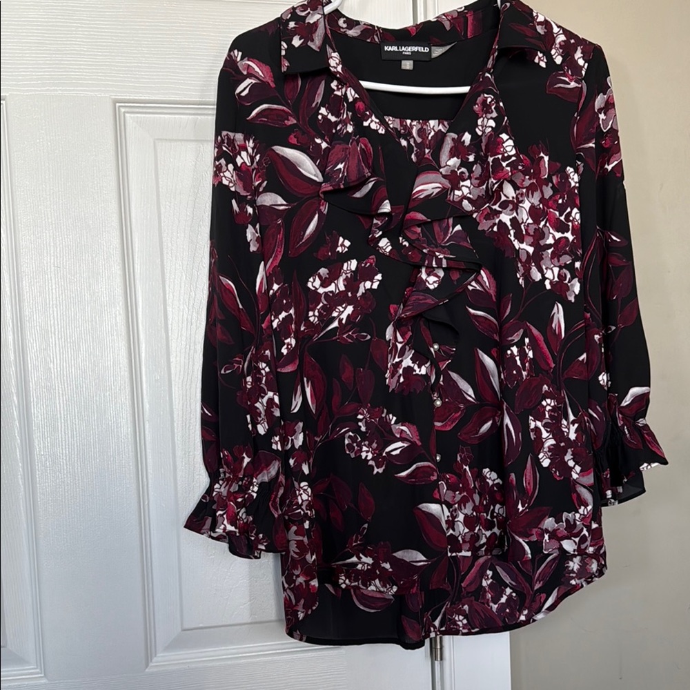 Rafaella Pink and White Ruffled 3/4 Sleeve Blouse